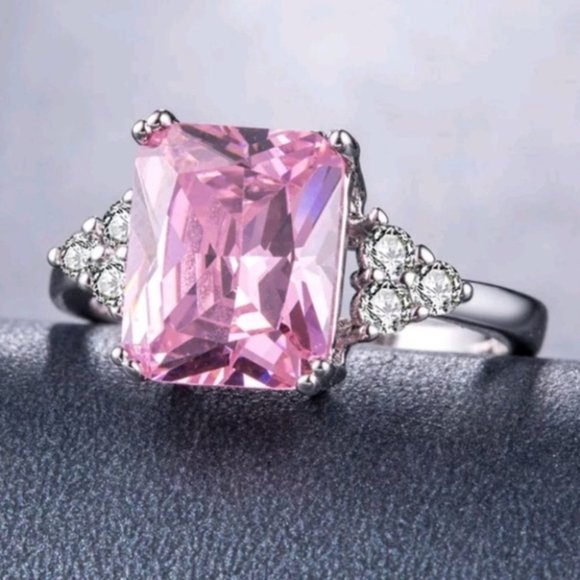silver ring women princess cut pink sapphire - Picture 3 of 5